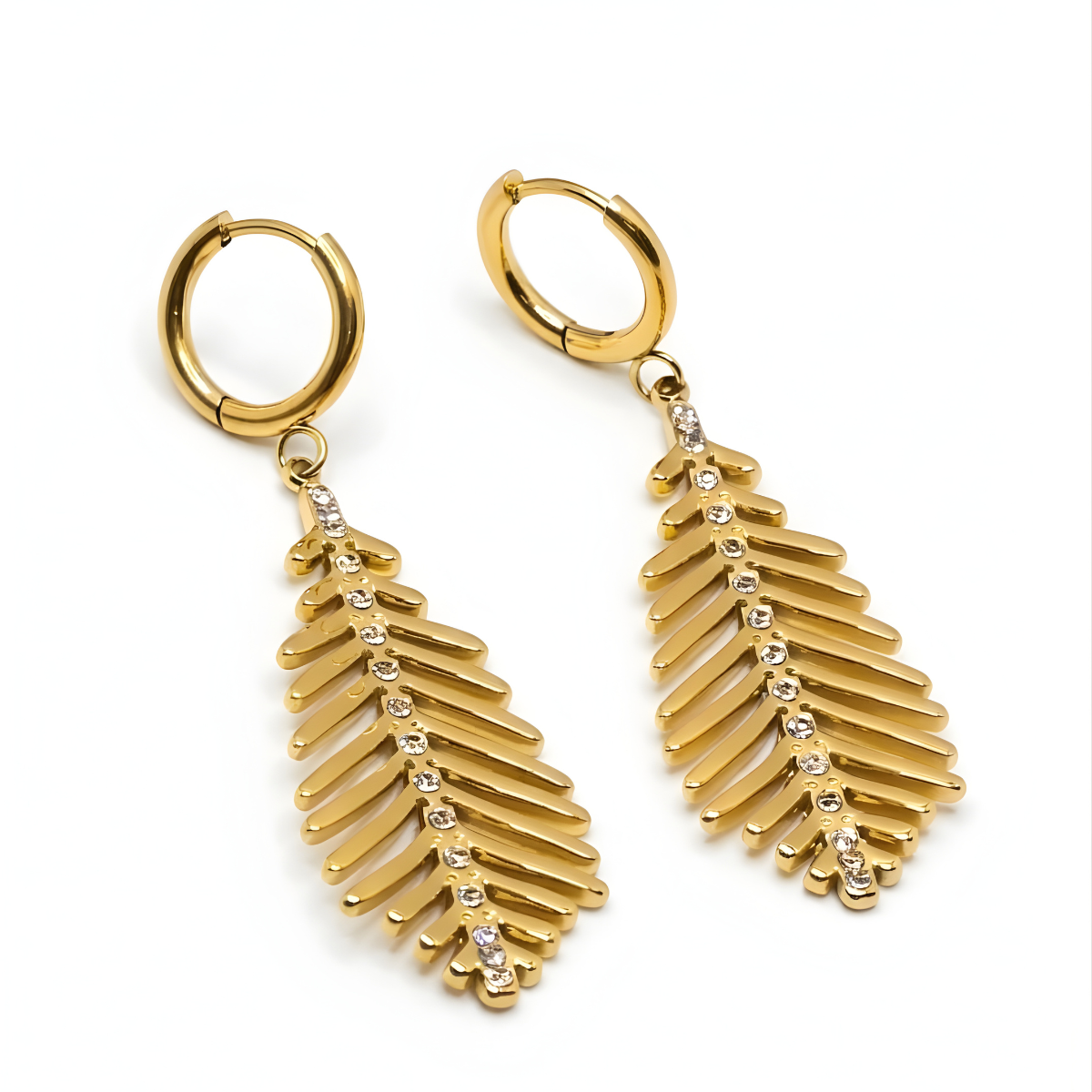 Just Jewel 18K Gold Plated Leaf Drop Huggie Hoop Earrings - Anti-Tarnish CZ Jewelry