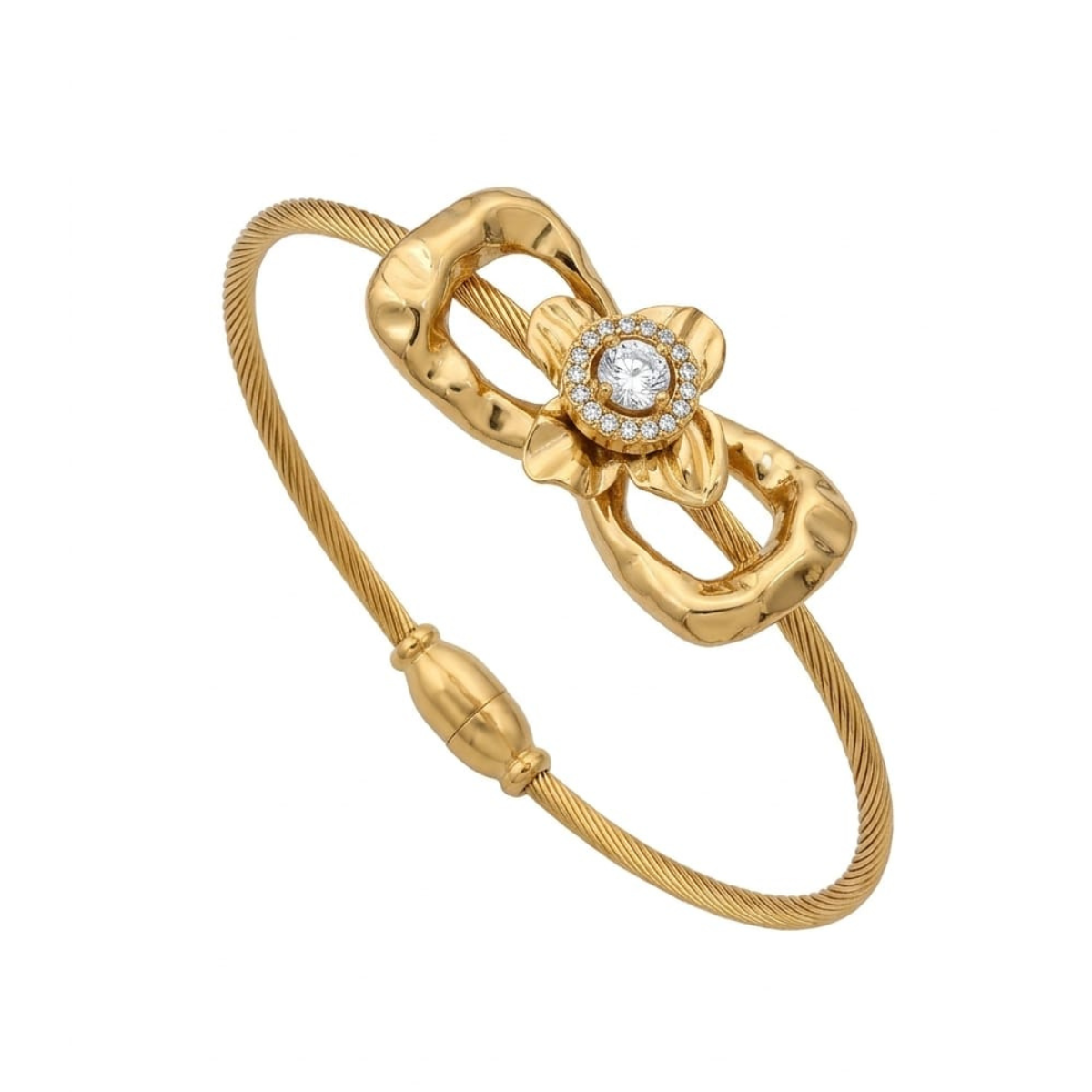 Detailed view of a gold twisted cable bangle with a crystal flower and bow centerpiece