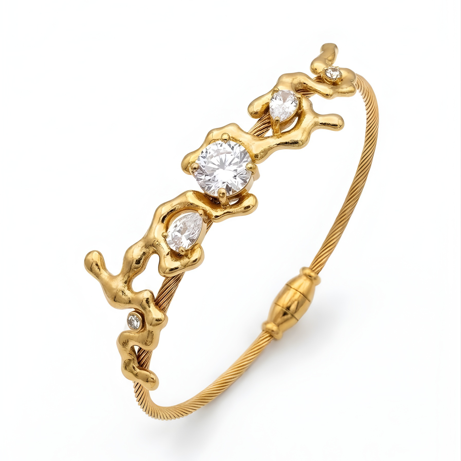 Detailed view of a gold organic molten-textured bangle with multi-cut crystal cluster