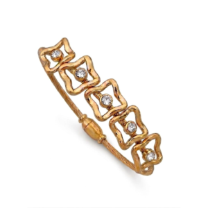 Close-up of a gold twisted cable bangle featuring five crystal-centered flowers for Just Jewel