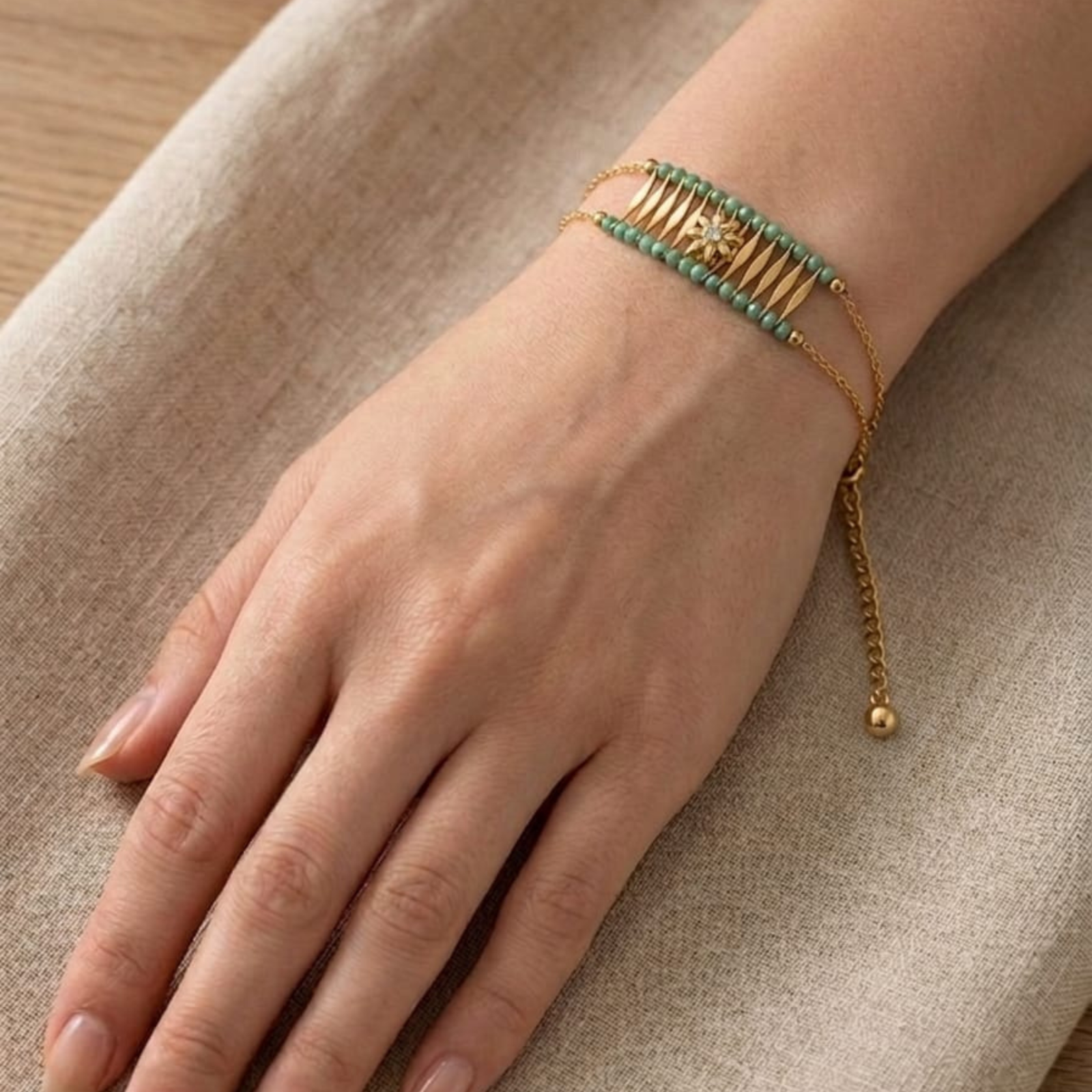 18K Gold Plated Green Bead Floral Charm Bracelet for Women - Anti-Tarnish Waterproof Jewelry