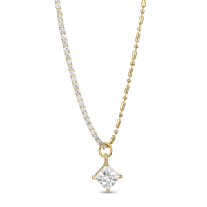 Close-up of a half-tennis half-bead gold necklace with a square princess-cut solitaire pendant