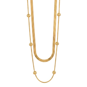 Premium 18K Gold Plated Double Layered Herringbone Necklace | Sleek Flat Blade & Bead Chain
