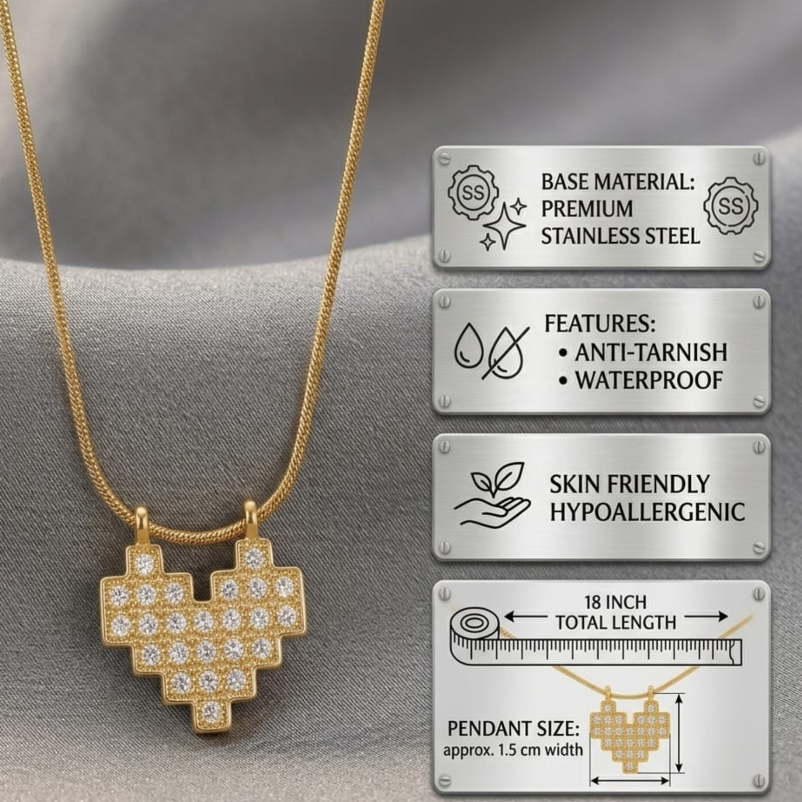 18K Gold Plated Pixel Heart Pendant Necklace with Snake Chain | Anti-Tarnish - Image 4