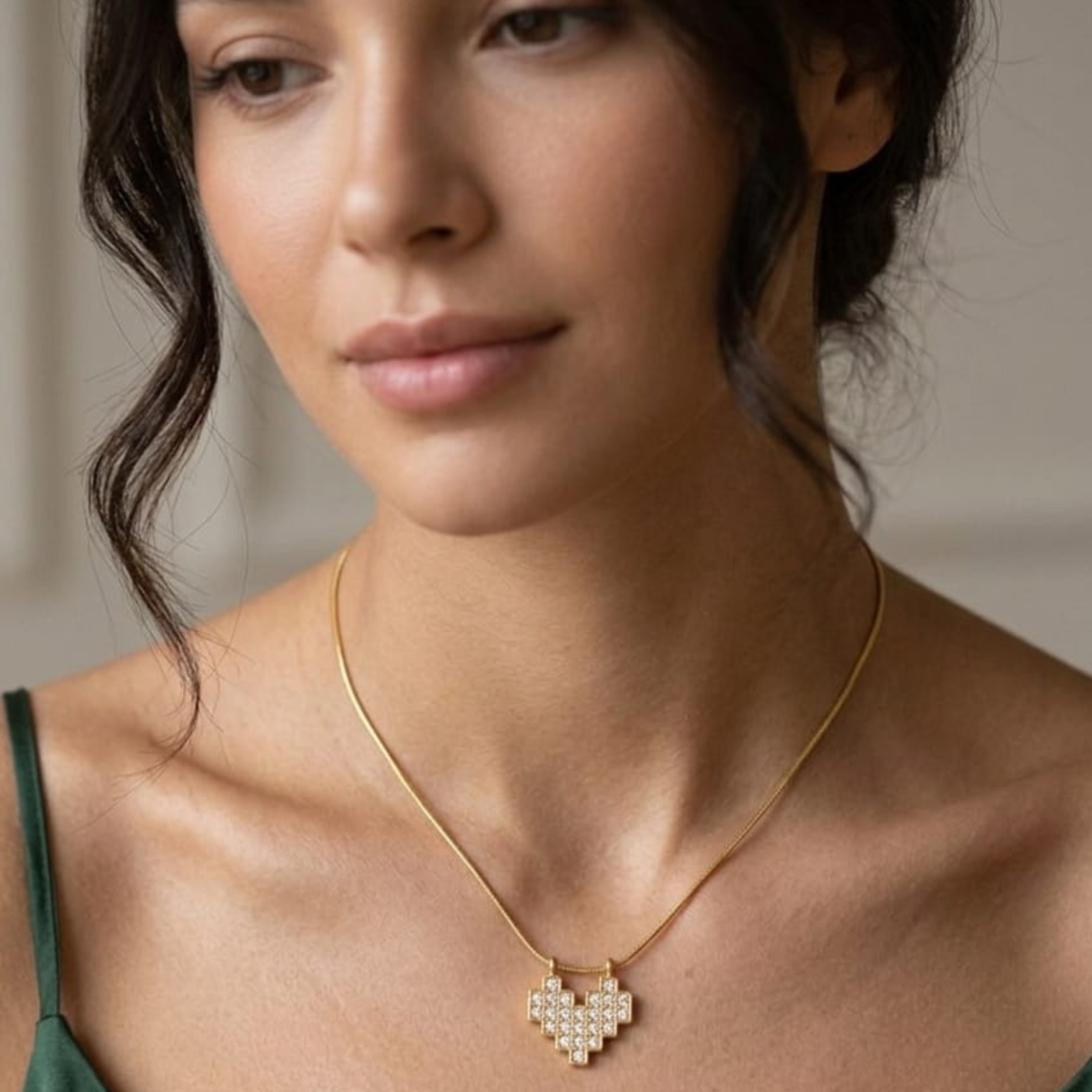 18K Gold Plated Pixel Heart Pendant Necklace with Snake Chain | Anti-Tarnish - Image 5