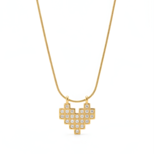 Close-up of Gold Pixel Heart Pendant on Snake Chain