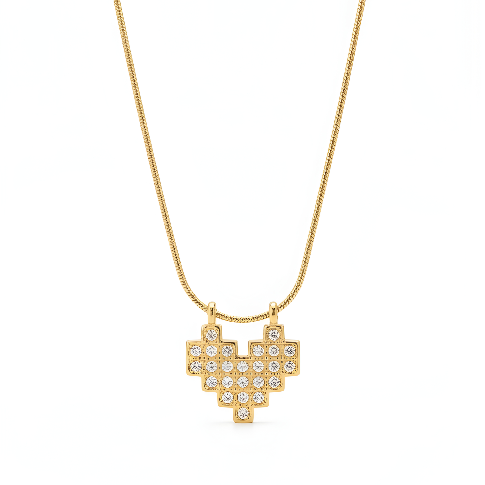 Close-up of Gold Pixel Heart Pendant on Snake Chain