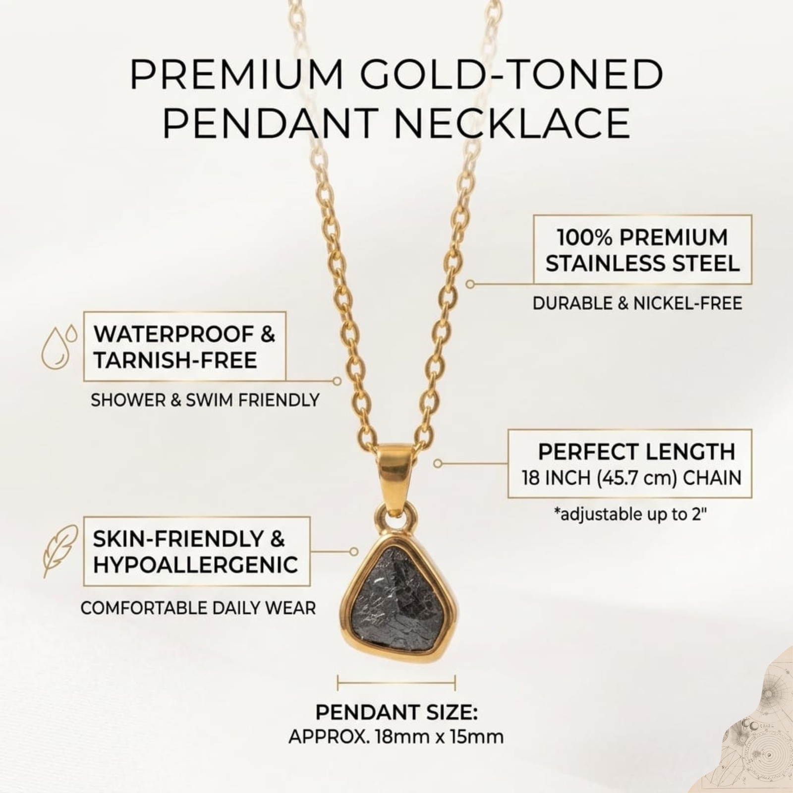Premium 18K Gold Plated Black Geometric Stone Pendant Necklace | Anti-Tarnish Cable Chain - Image 3