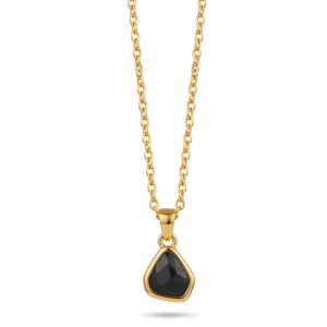 Close-up of a faceted Black Geometric Stone Pendant on an 18K Gold Cable Chain