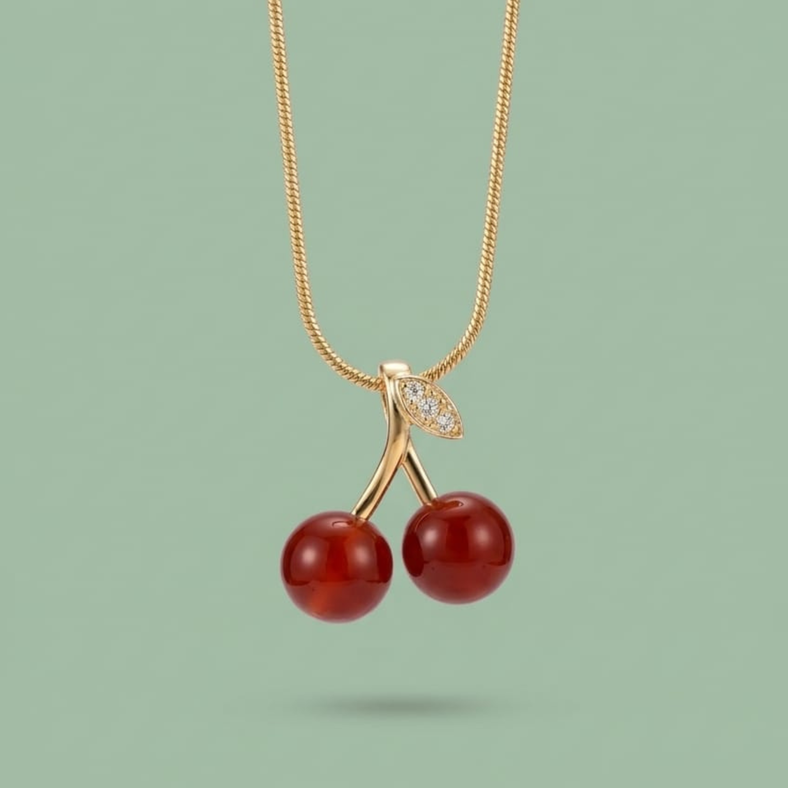 Premium 18K Gold Plated Red Cherry Pendant Necklace | Crystal Leaf & Snake Chain - Image 2