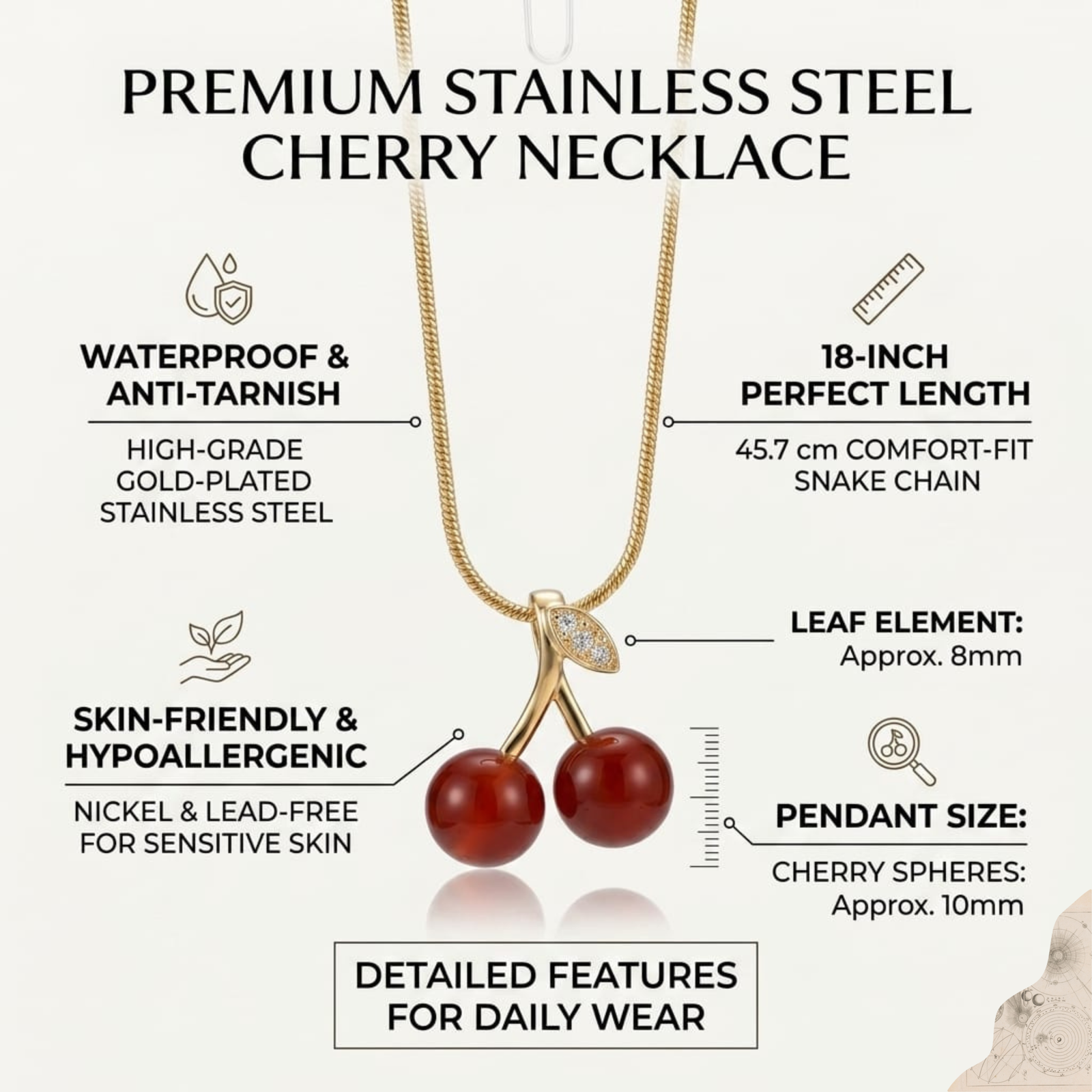 Premium 18K Gold Plated Red Cherry Pendant Necklace | Crystal Leaf & Snake Chain - Image 3