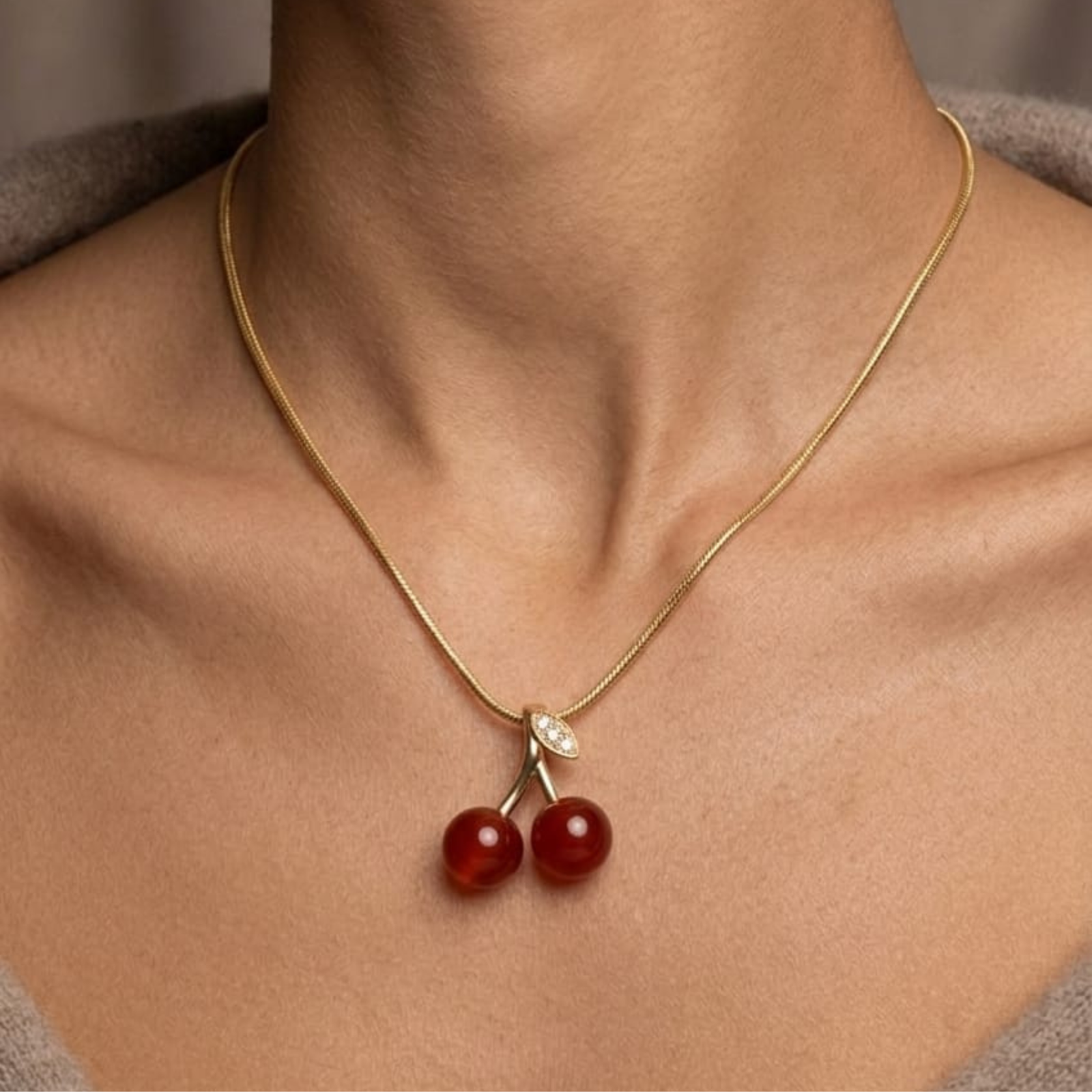 Premium 18K Gold Plated Red Cherry Pendant Necklace | Crystal Leaf & Snake Chain - Image 4