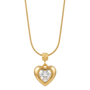 Close-up of a sparkling Heart-Cut Crystal Pendant in a Gold Frame on a Snake Chain