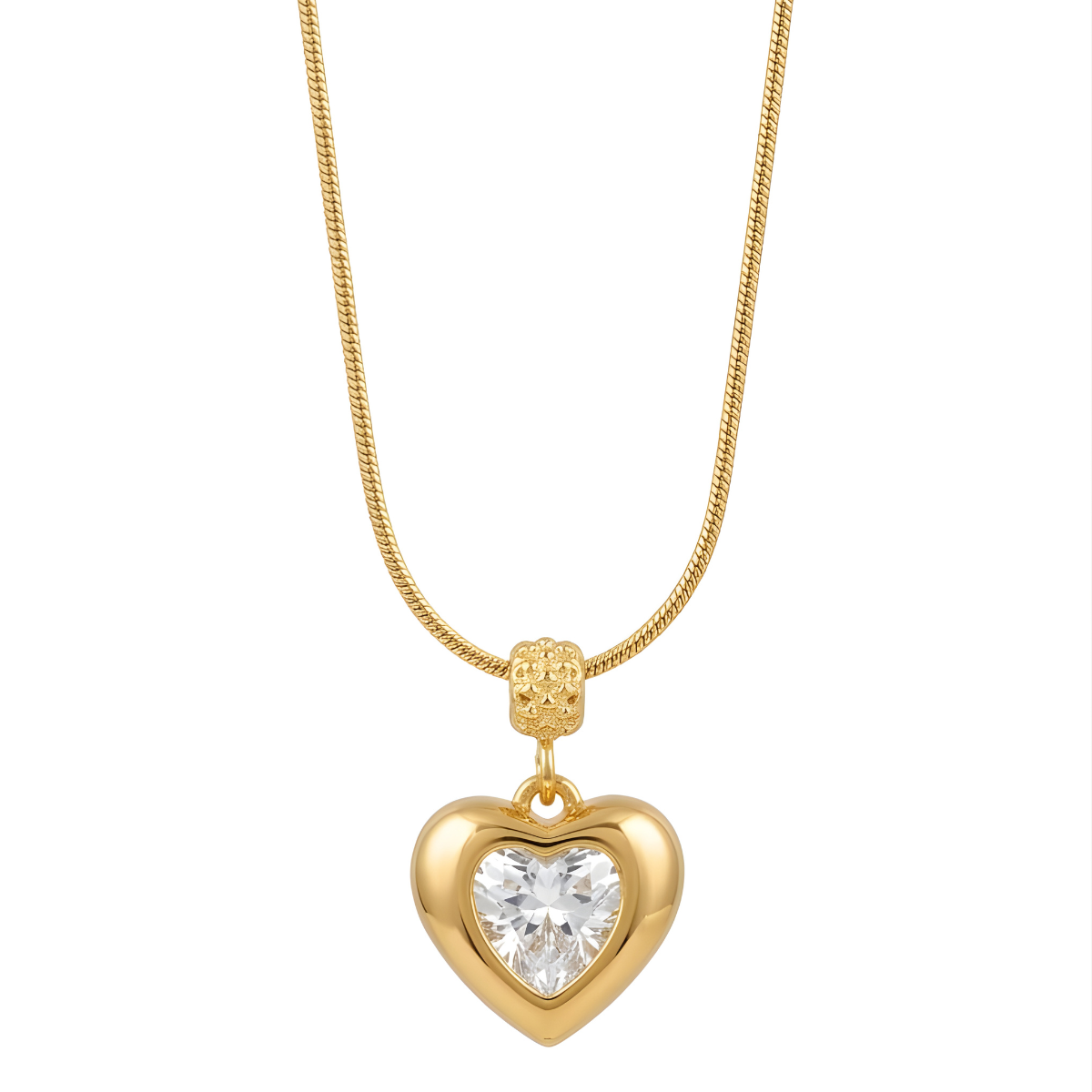 Close-up of a sparkling Heart-Cut Crystal Pendant in a Gold Frame on a Snake Chain