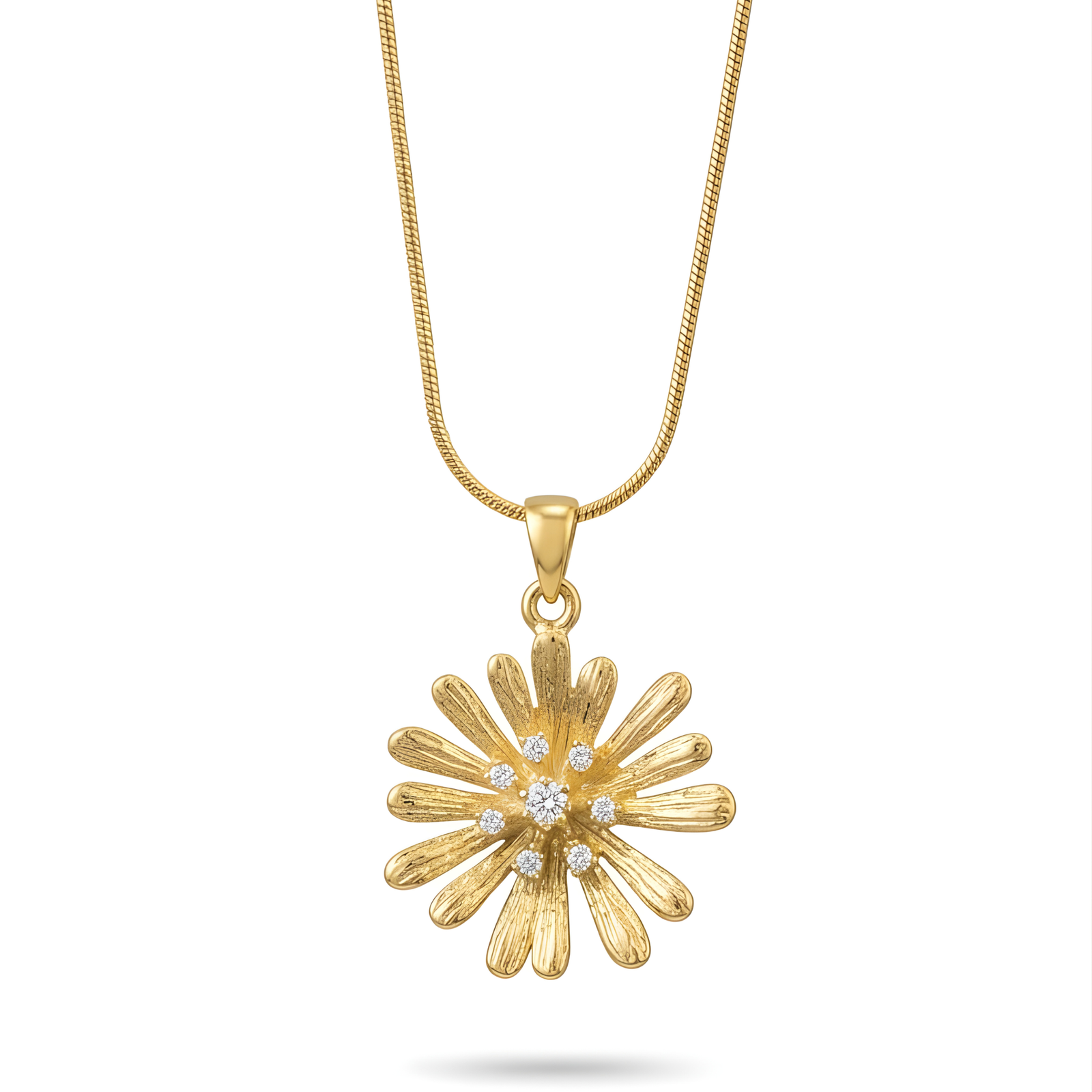 Close-up of a textured Gold Sunflower Pendant with sparkling crystals on a Snake Chain