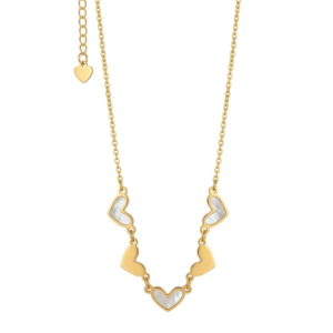 Close-up of a gold necklace with five hearts inlaid with white Mother of Pearl
