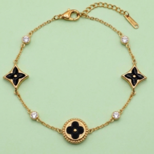 18K gold plated black enamel four-leaf clover anti tarnish station bracelet with crystals - JustJewel Designer Collection