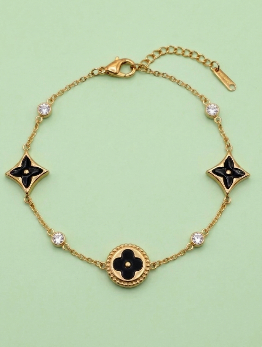 18K gold plated black enamel four-leaf clover anti tarnish station bracelet with crystals - JustJewel Designer Collection