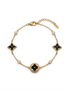 18K Gold Plated Black Clover Station Bracelet | Waterproof & Anti-Tarnish Four-Leaf Clover Jewelry with Crystals