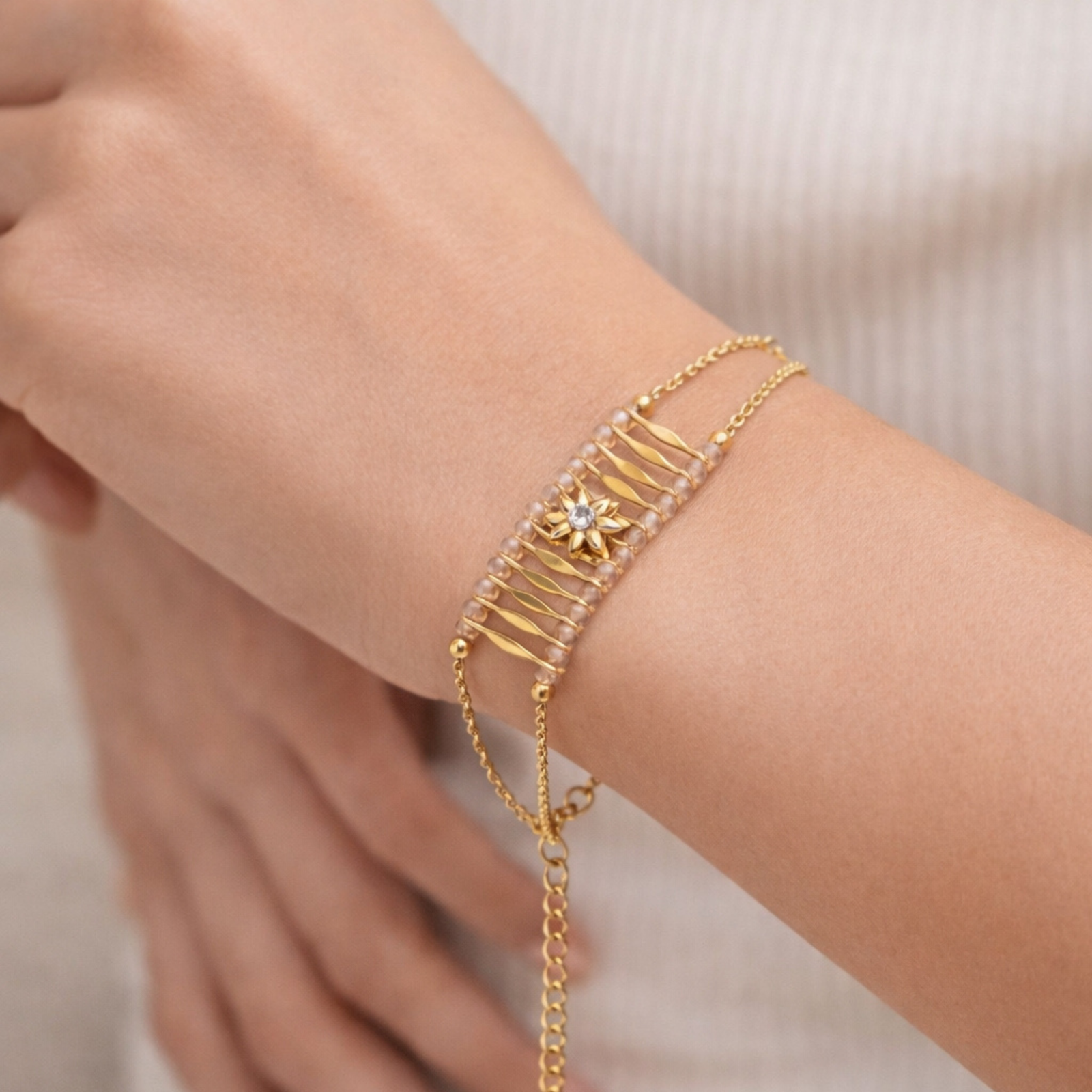 18K Gold Plated Peach Bead Floral Bracelet for Women - Waterproof Anti-Tarnish Jewelry