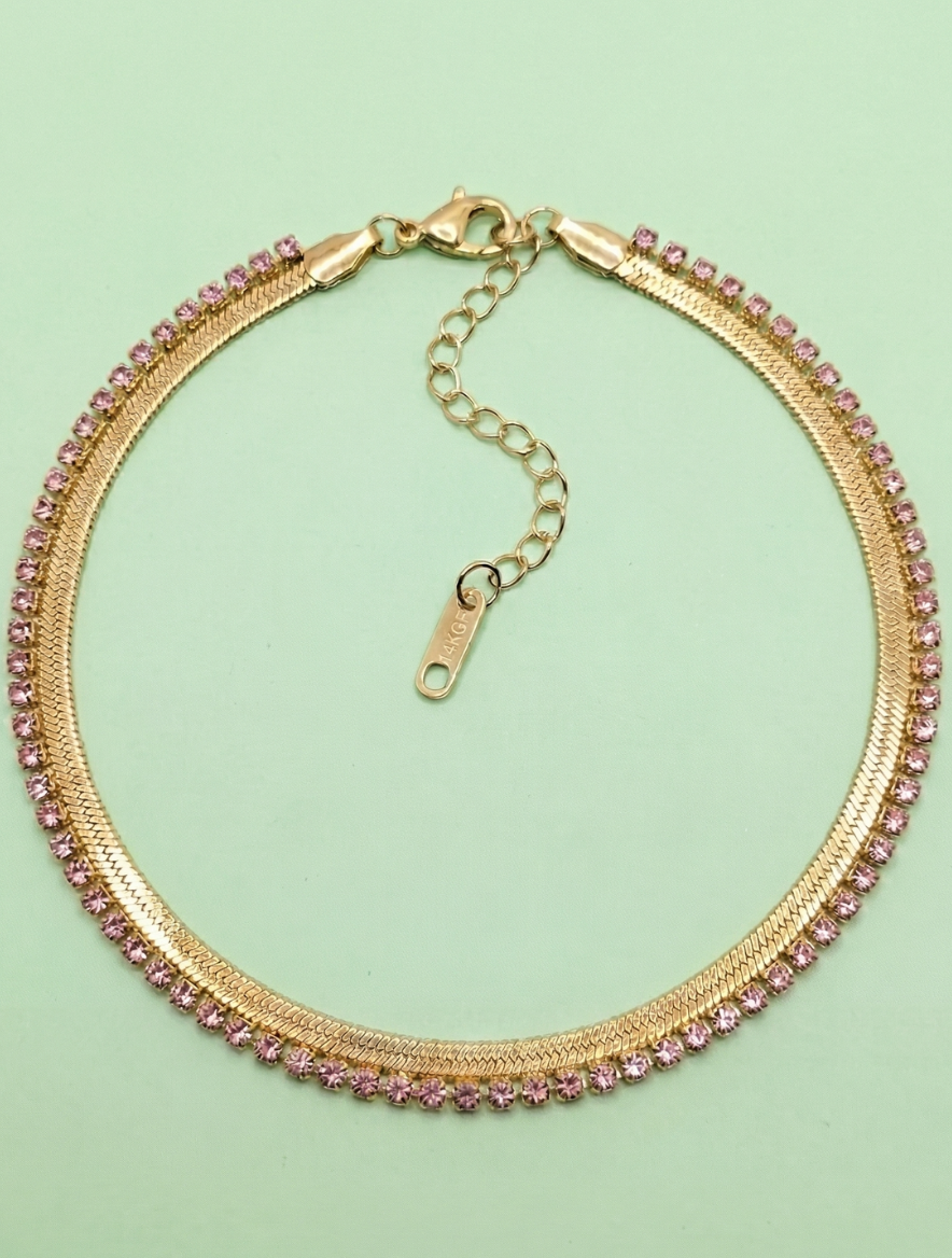 18K gold plated herringbone snake chain anti tarnish pink stone bracelet for women - JustJewel Premium Collection