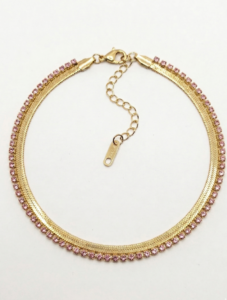 18K Gold Plated Pink Stone Herringbone Bracelet | Waterproof & Anti-Tarnish Snake Chain with Pink Crystals