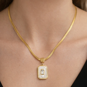 Gold Plated Mother of Pearl & Crystal Baguette Pendant Necklace from justjewel.co.in, waterproof and anti-tarnish jewelry.