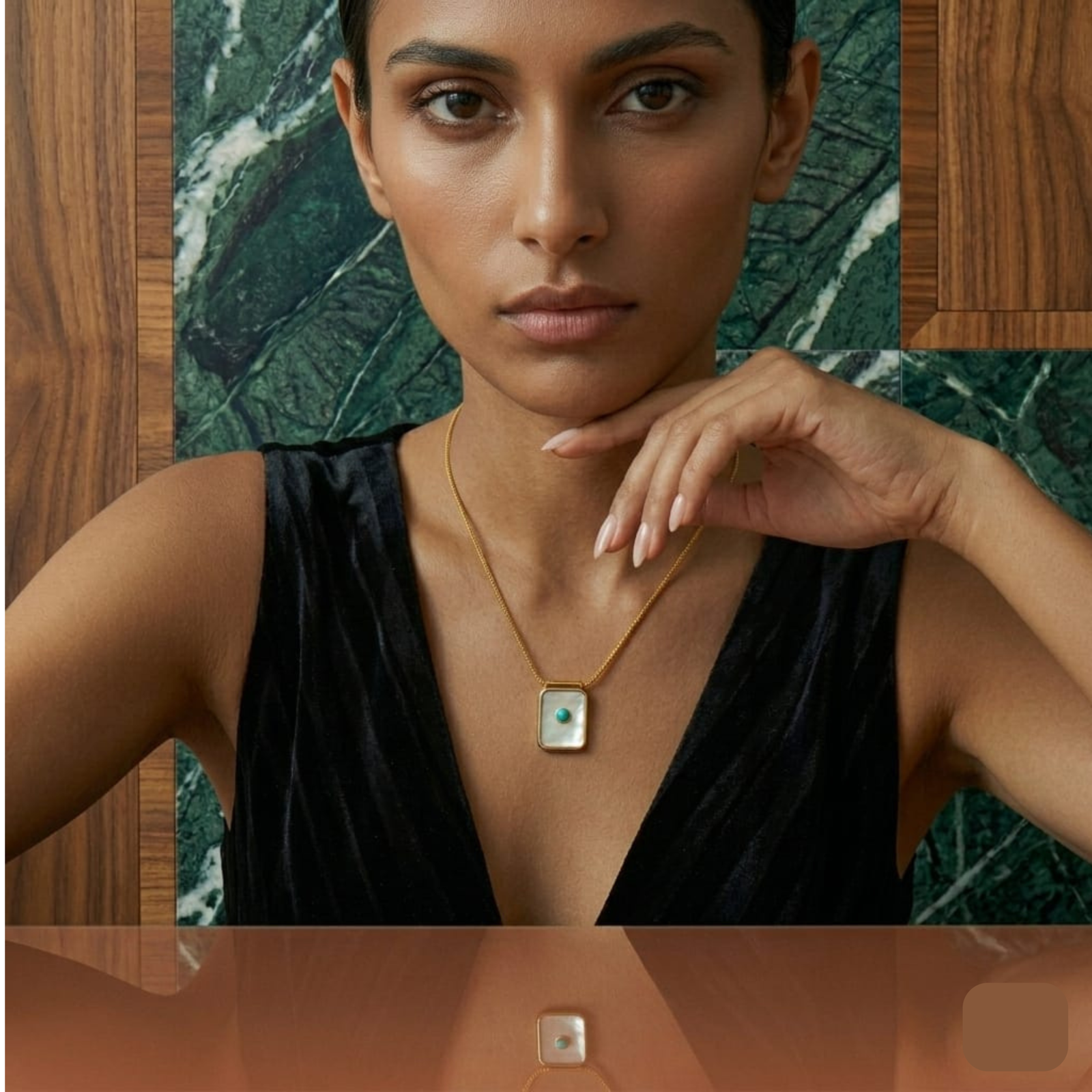 A full-length view of the justjewel.co.in gold plated rectangular pendant necklace, featuring mother-of-pearl inlay and a turquoise stone accent on a snake chain