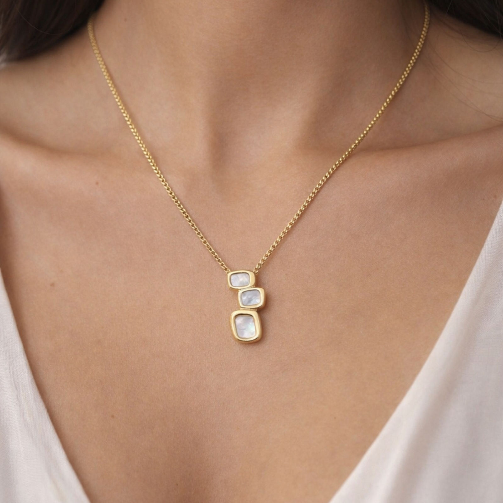 Gold Plated Stacked Square Mother of Pearl Pendant Necklace from justjewel.co.in, made with waterproof 316L stainless steel.