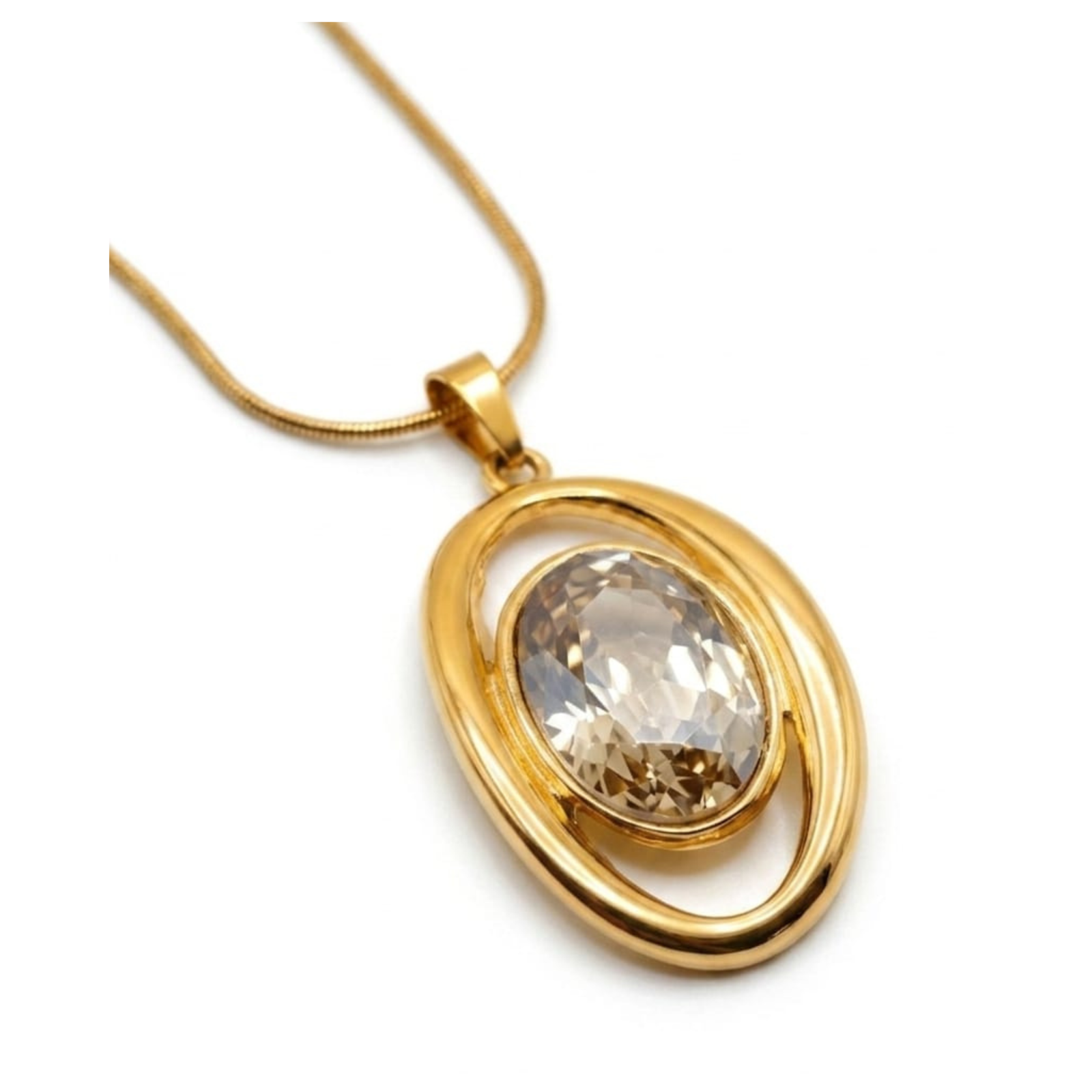Gold Plated Oval Crystal Solitaire Pendant Necklace | Anti-Tarnish & Waterproof 316L Stainless Steel