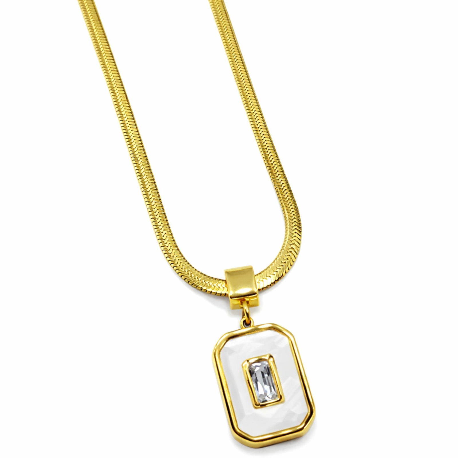 Gold Plated Mother of Pearl & Crystal Baguette Necklace | Anti-Tarnish & Waterproof 316L Stainless Steel