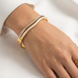 Gold Plated Dual-Row Crystal and White Shell Bangle from justjewel.co.in, waterproof and anti-tarnish jewelry.