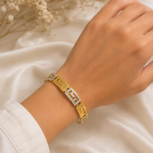 Gold Plated Greek Motif Crystal Studded Bangle from justjewel.co.in, waterproof and anti-tarnish jewelry.