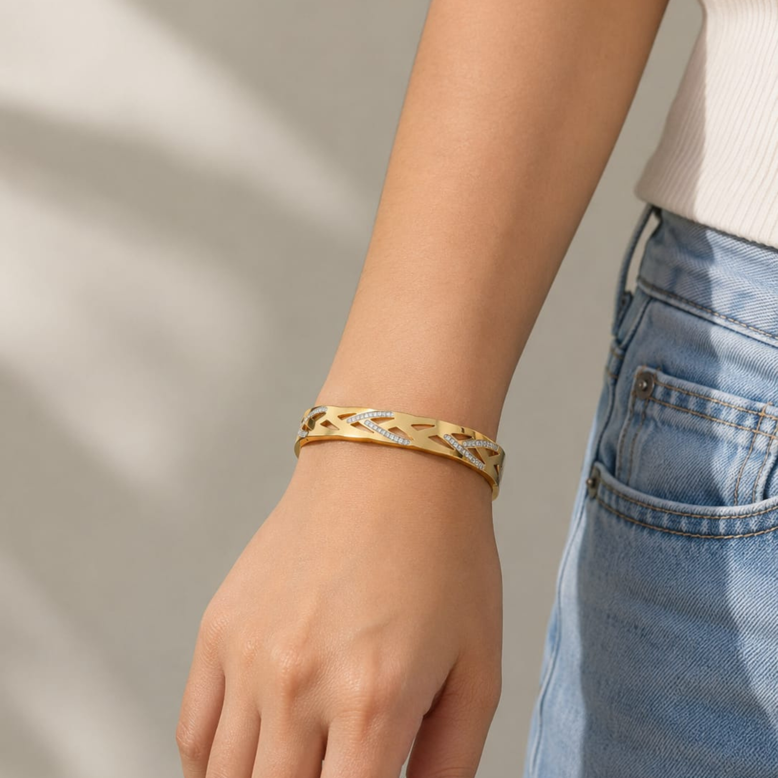 Gold Plated Geometric Lattice Cut-Out Bangle from justjewel.co.in, waterproof and anti-tarnish luxury jewelry.
