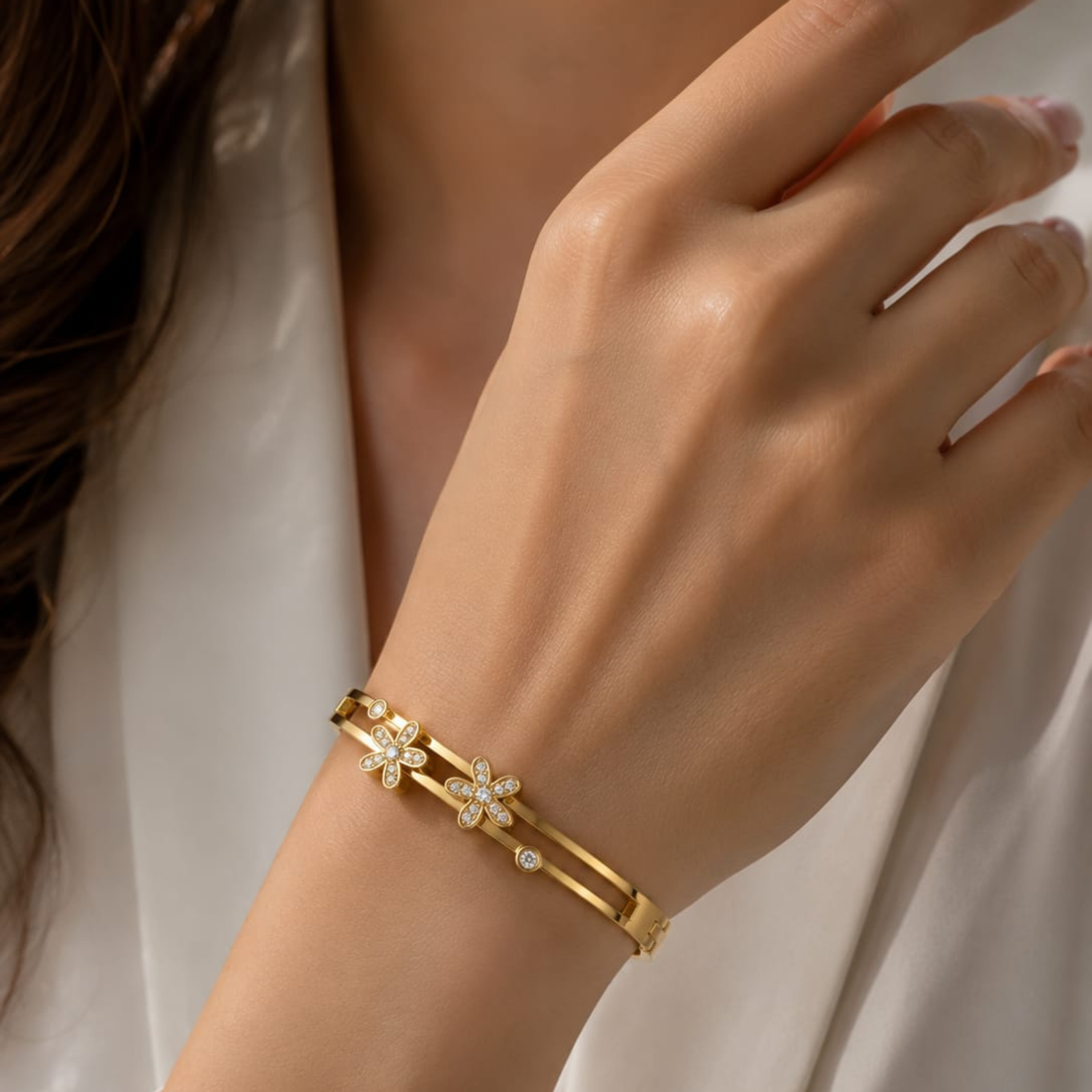 Gold Plated Dual-Flower Crystal Bangle | Anti-Tarnish & Waterproof 316L Stainless Steel