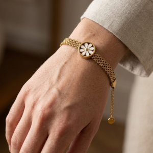 Gold Plated Daisy Flower Mesh Chain Bracelet in 316L Stainless Steel
