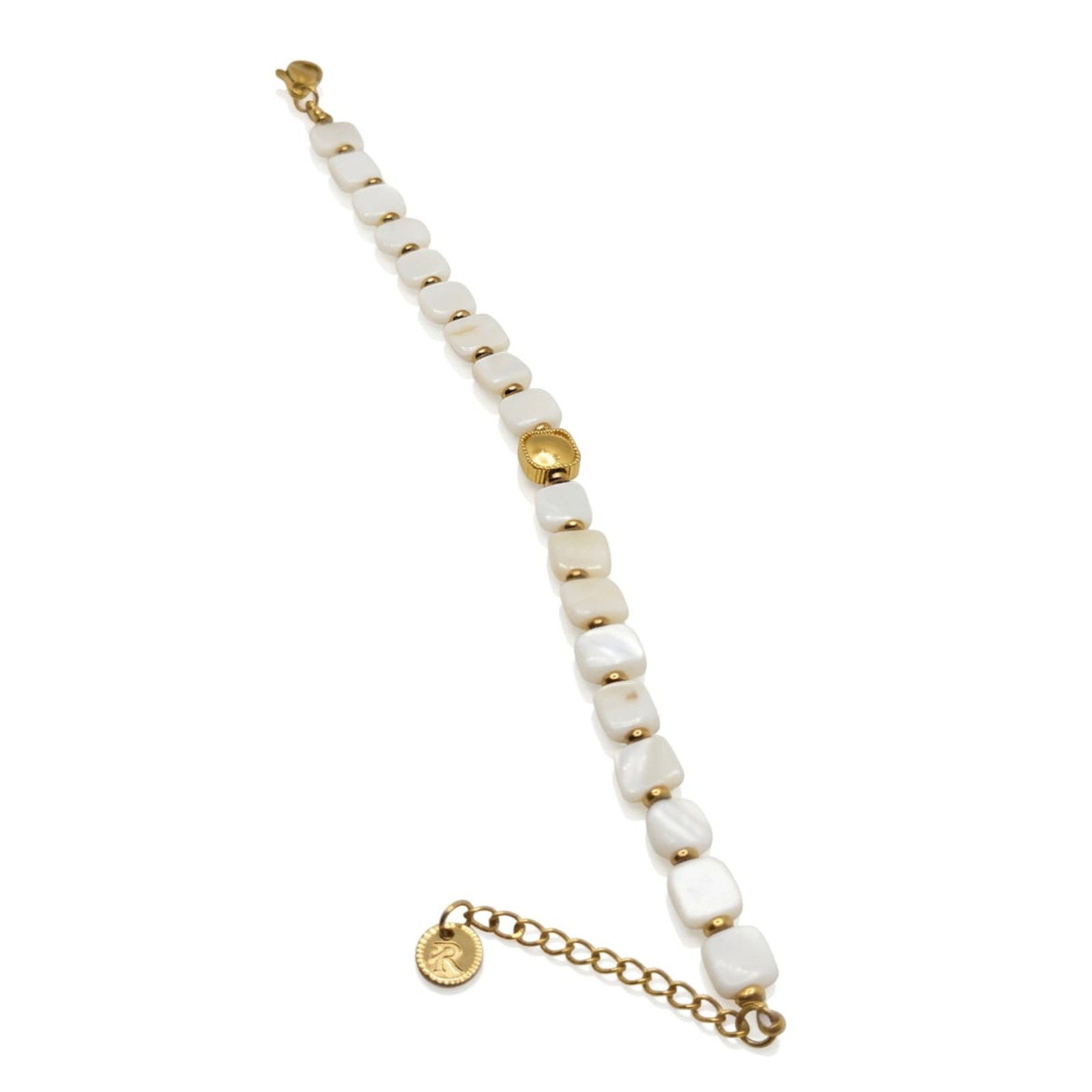 Gold Plated Square White Stone Bead Bracelet | Anti-Tarnish & Waterproof 316L Stainless Steel