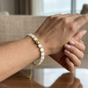 Gold Plated White Square Stone Bead Bracelet from justjewel.co.in, made with waterproof 316L stainless steel.